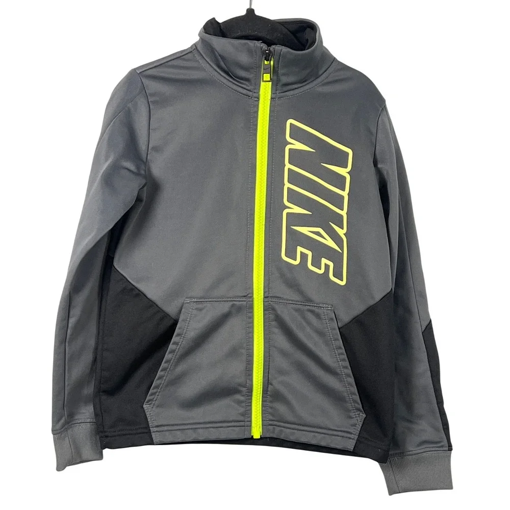 Nike Kids Gray Black Neon Green Logo Full Zip Track Jacket Boys 6 Sporty Classic